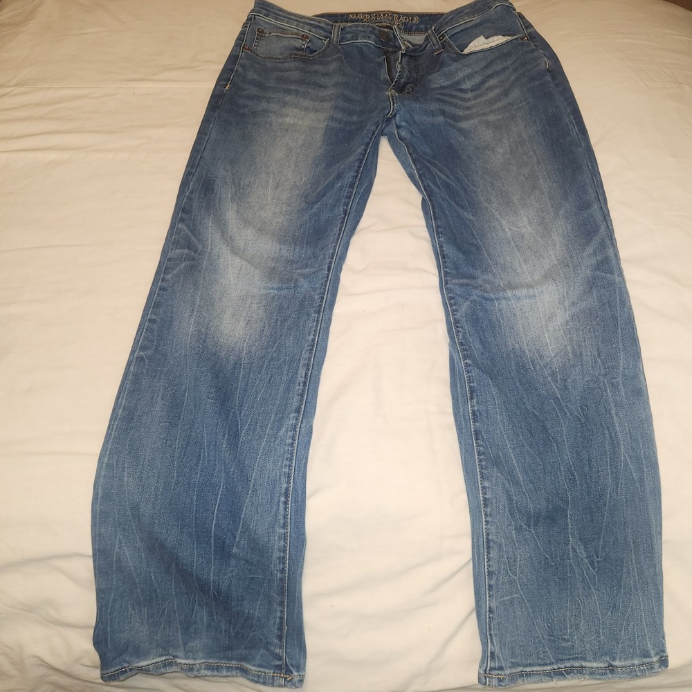 American Eagle Mens 34x32 Original Straight Active Flex Blue Jeans Medium Wash